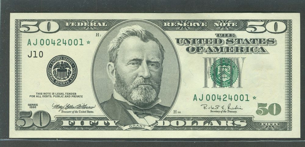 Fr.2126-J, 1996 $50 Kansas City Star Federal Reserve Notes, AJ00424001*-18* GemCU